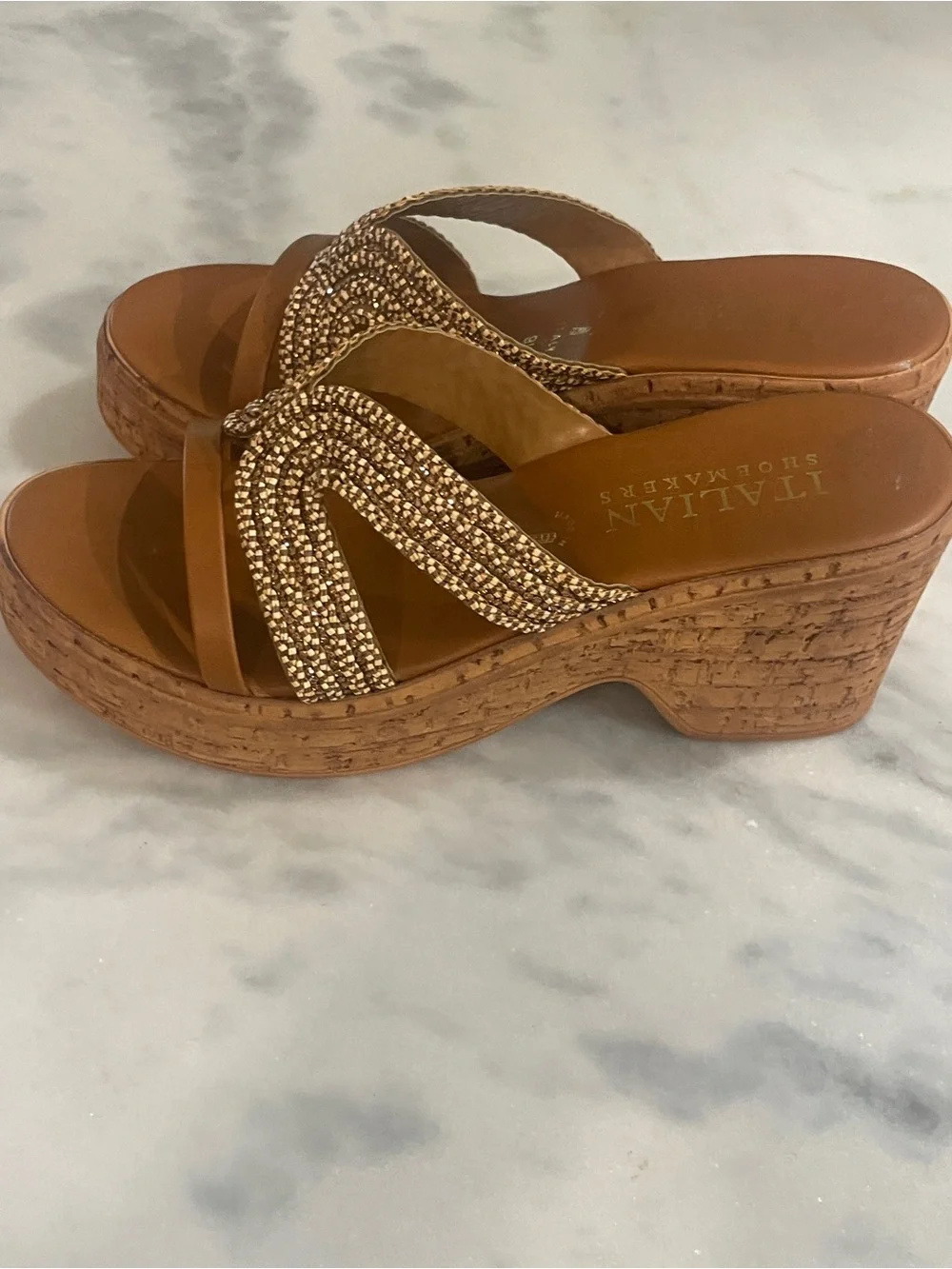 Italian Shoemakers Tan Wedge Sandals with Beaded Upper